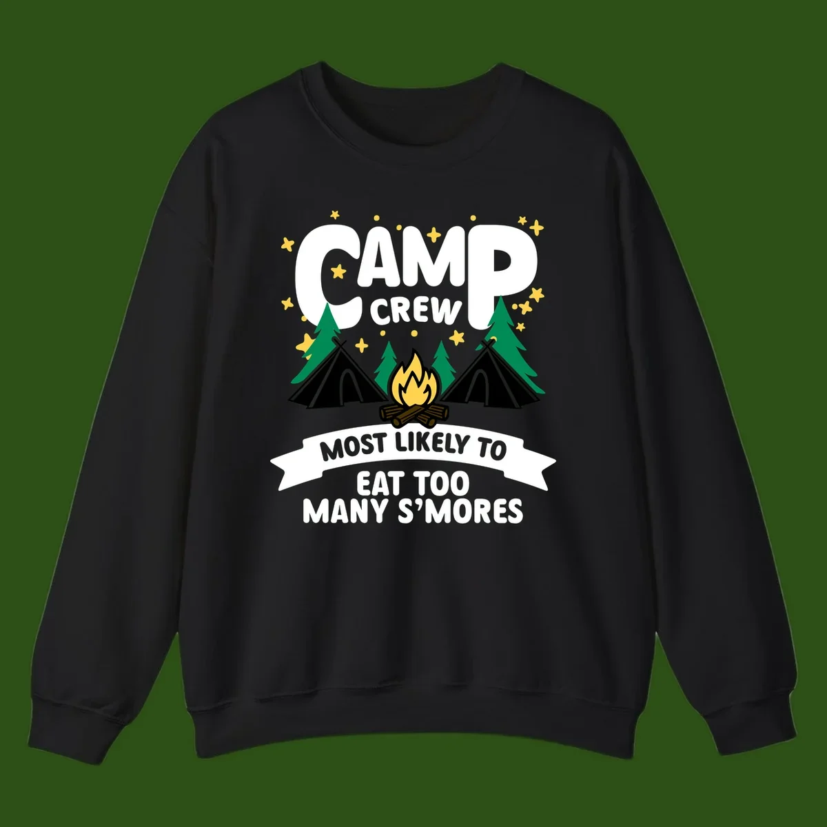 Camp crew s'mores superlative design with campfire, teepees, and stars on gray background