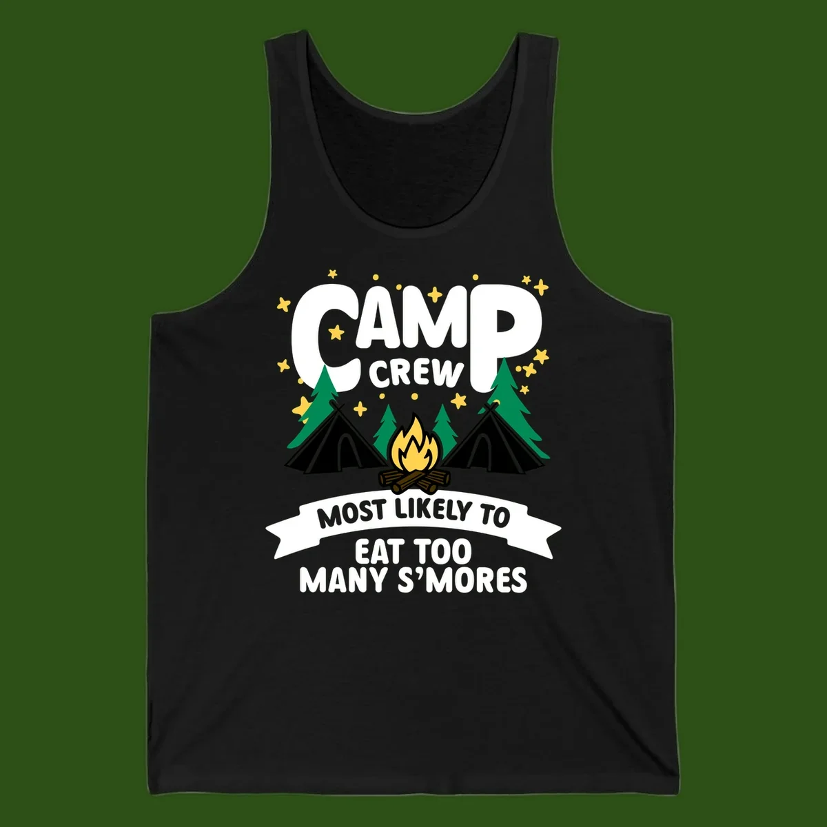 Camp crew s'mores superlative design with campfire, teepees, and stars on gray background