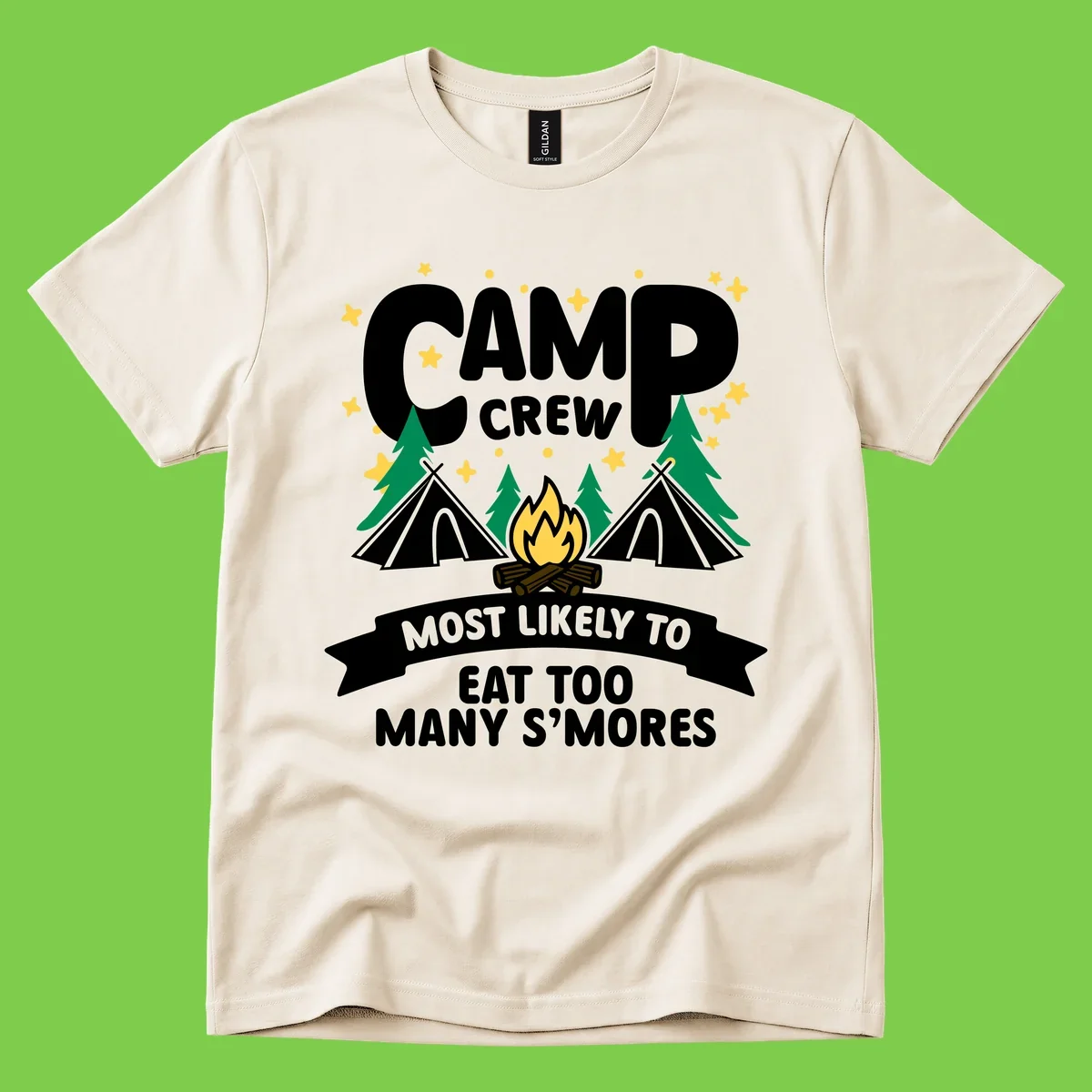 Camp crew s'mores superlative design with campfire, teepees, and stars on gray background