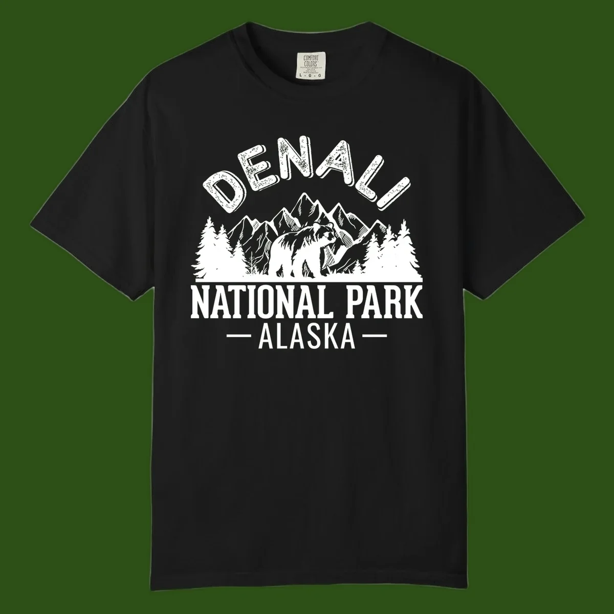 Denali National Park bear design with mountains, evergreen trees, and distressed white text on gray background