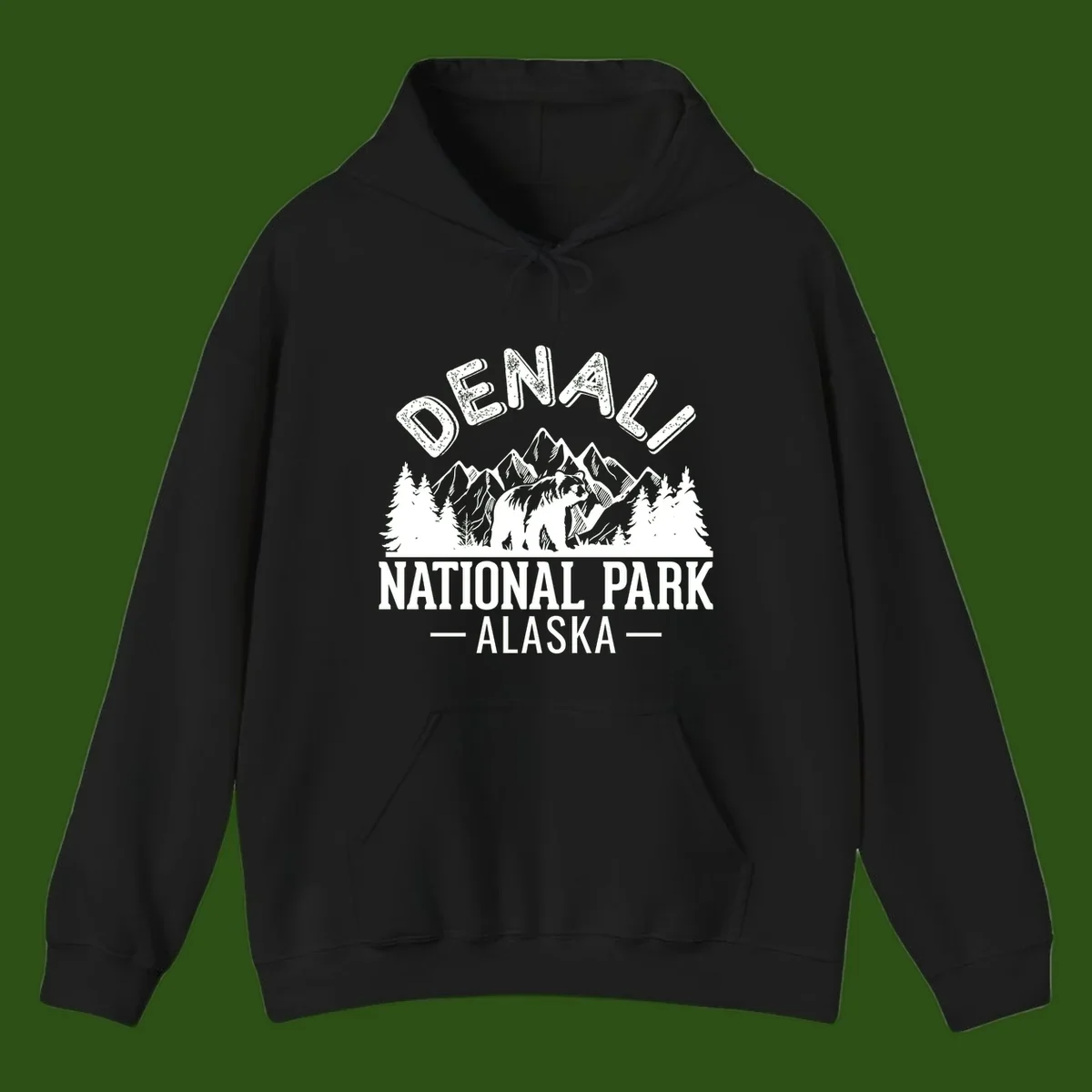 Denali National Park bear design with mountains, evergreen trees, and distressed white text on gray background