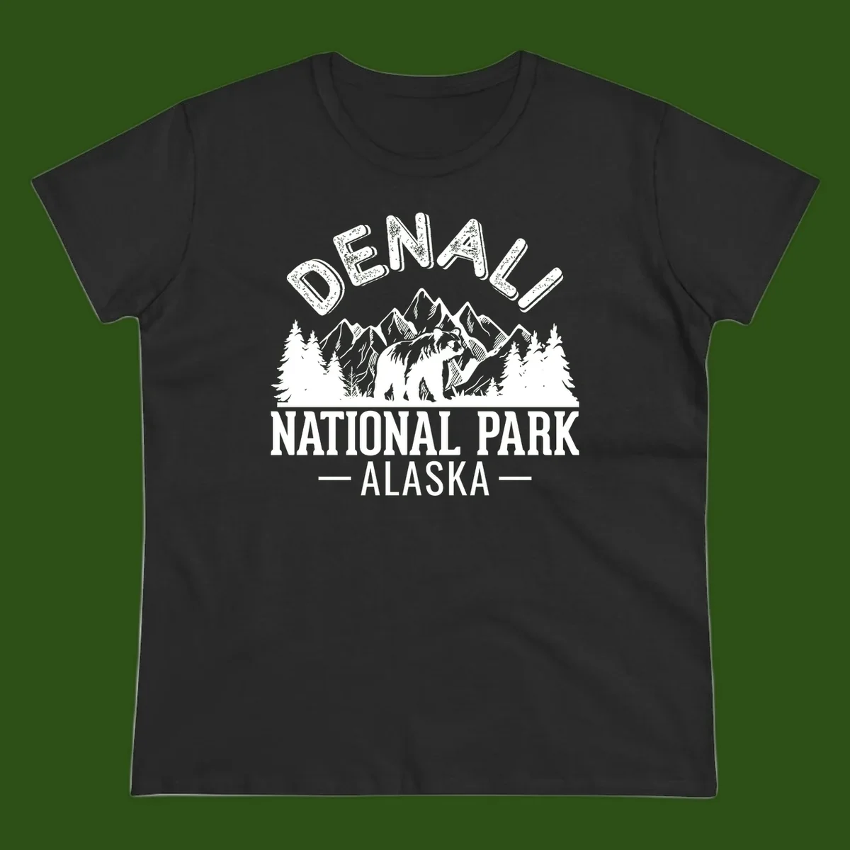 Denali National Park bear design with mountains, evergreen trees, and distressed white text on gray background