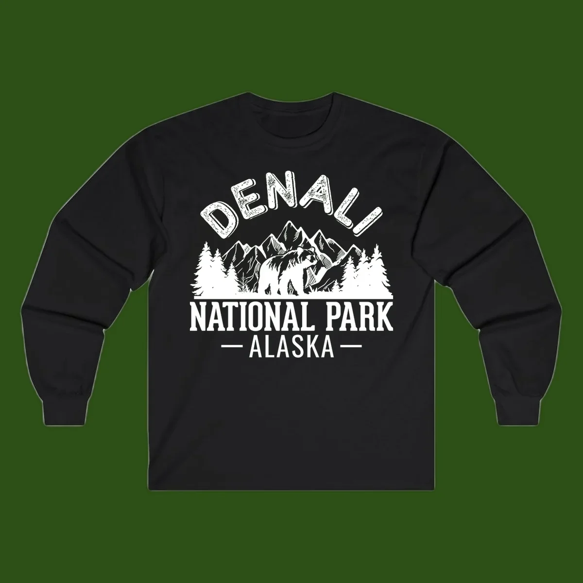Denali National Park bear design with mountains, evergreen trees, and distressed white text on gray background
