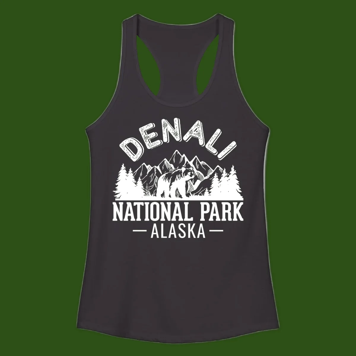 Denali National Park bear design with mountains, evergreen trees, and distressed white text on gray background