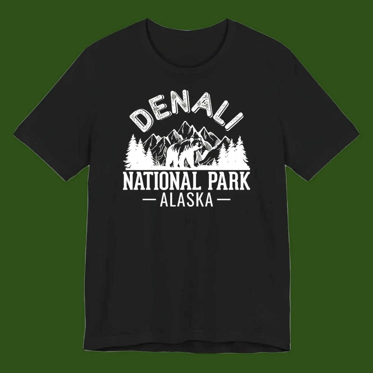 Denali National Park bear design with mountains, evergreen trees, and distressed white text on gray background