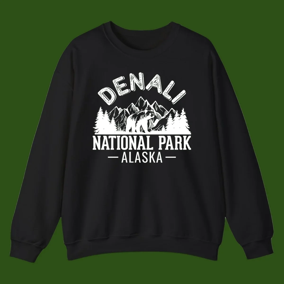 Denali National Park bear design with mountains, evergreen trees, and distressed white text on gray background