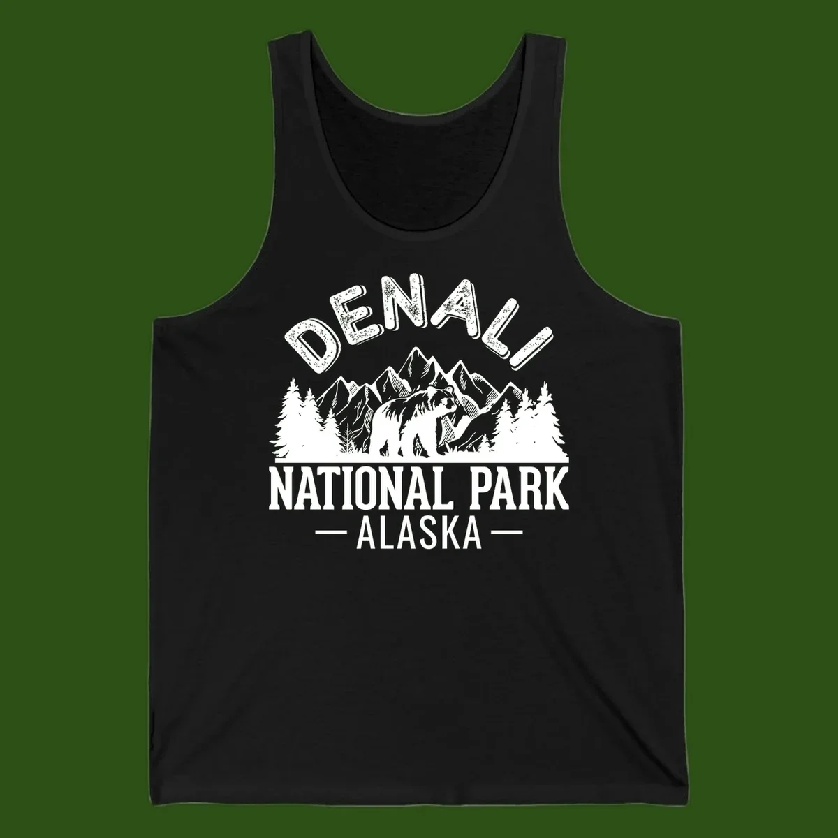 Denali National Park bear design with mountains, evergreen trees, and distressed white text on gray background