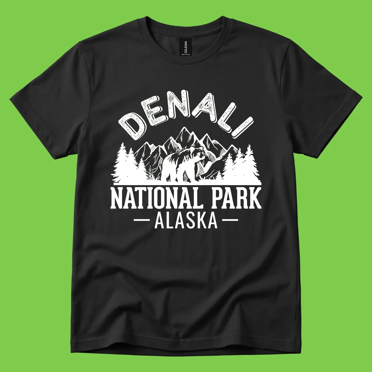 Denali National Park bear design with mountains, evergreen trees, and distressed white text on gray background