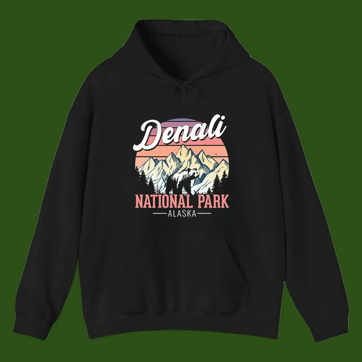 Vintage-style Denali National Park illustration featuring a bear in snowy mountains with retro sunset stripes and evergreen trees