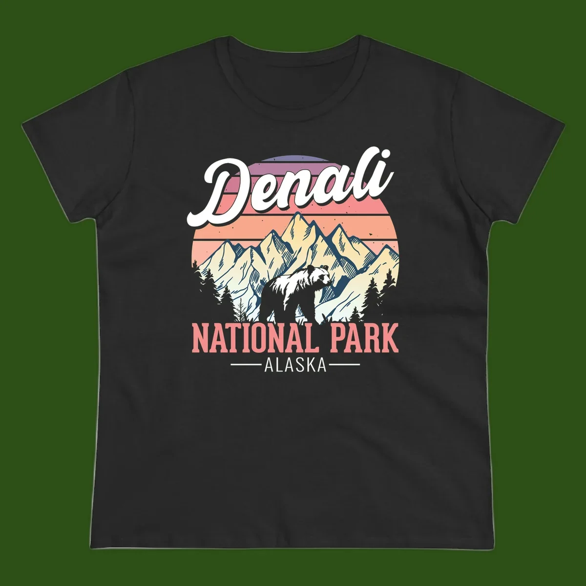 Vintage-style Denali National Park illustration featuring a bear in snowy mountains with retro sunset stripes and evergreen trees
