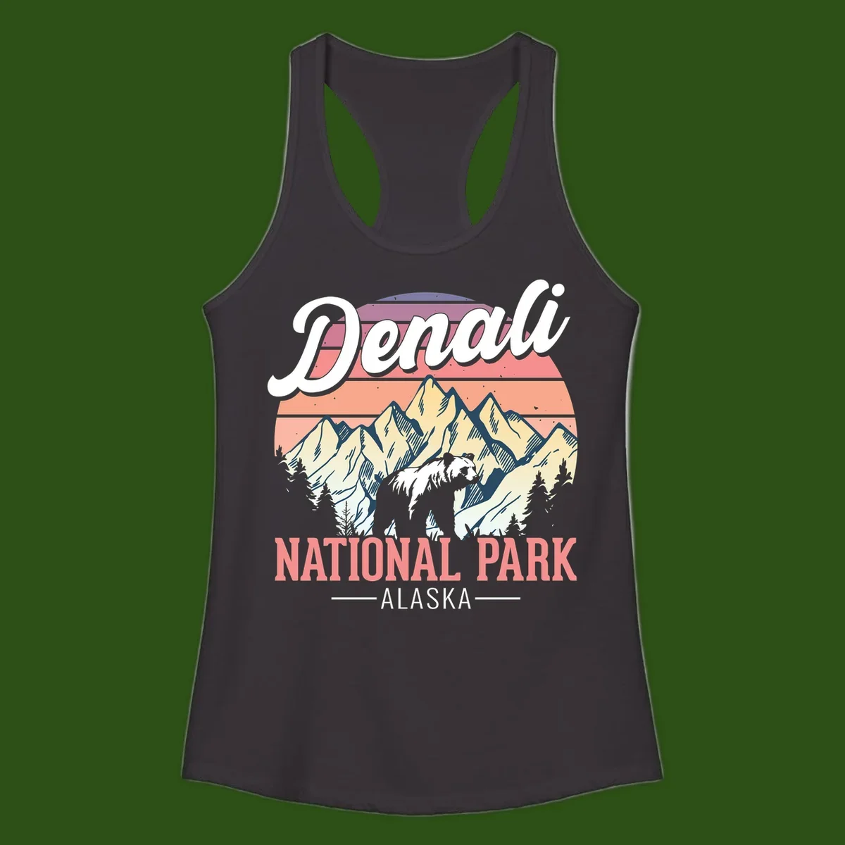 Vintage-style Denali National Park illustration featuring a bear in snowy mountains with retro sunset stripes and evergreen trees