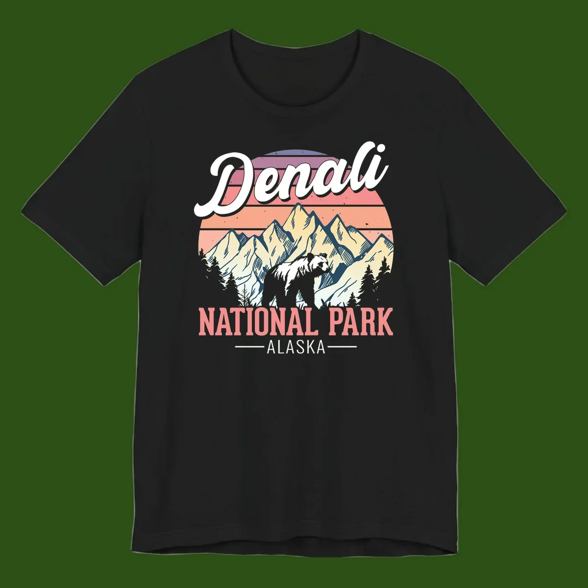 Vintage-style Denali National Park illustration featuring a bear in snowy mountains with retro sunset stripes and evergreen trees