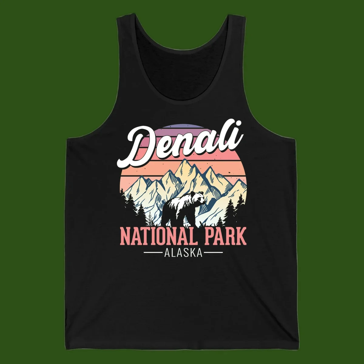 Vintage-style Denali National Park illustration featuring a bear in snowy mountains with retro sunset stripes and evergreen trees