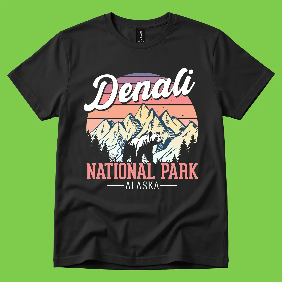 Vintage-style Denali National Park illustration featuring a bear in snowy mountains with retro sunset stripes and evergreen trees