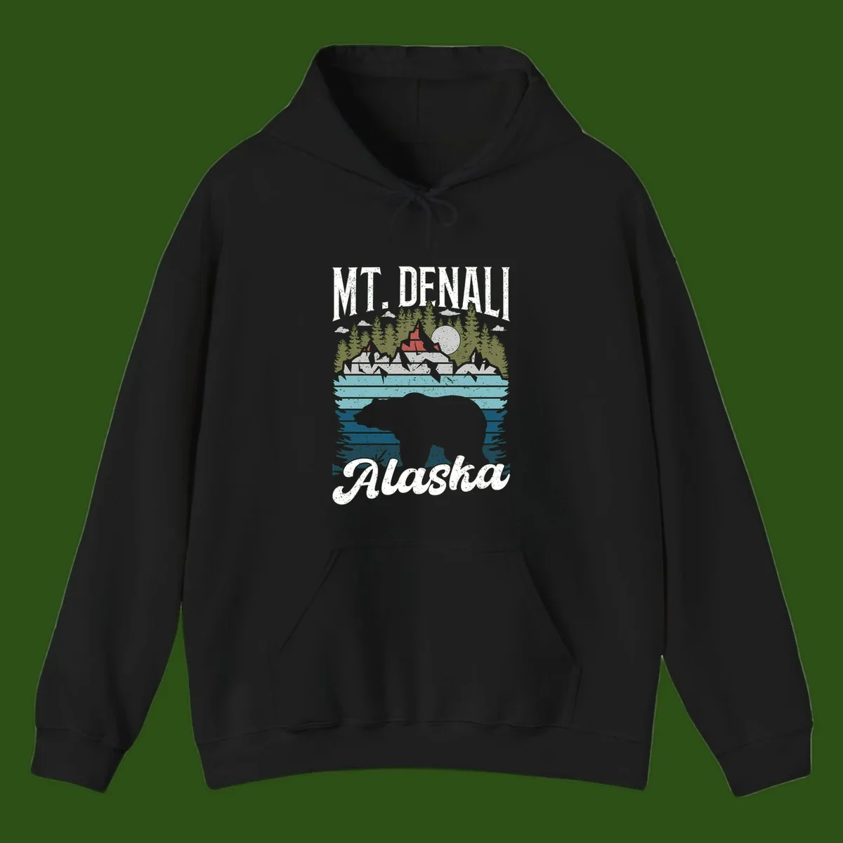 Denali bear Alaska design: layered illustration with silhouetted bear emerging from water, mountain peaks, fortress, forest, and full moon.