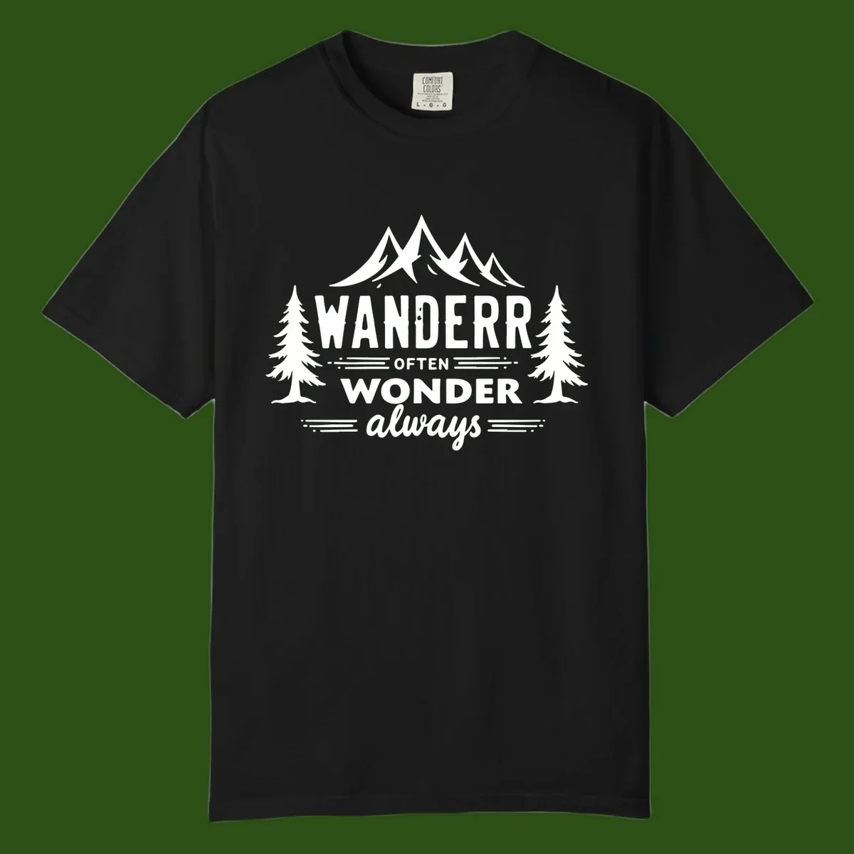 White illustration of snow-capped mountains and pine trees with text reading 'Wander Often Wonder Always' on gray background
