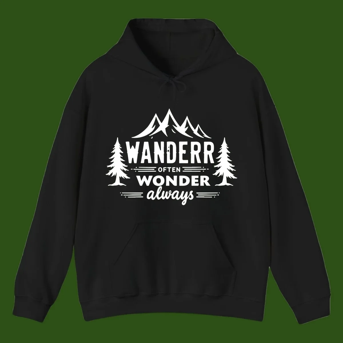 White illustration of snow-capped mountains and pine trees with text reading 'Wander Often Wonder Always' on gray background