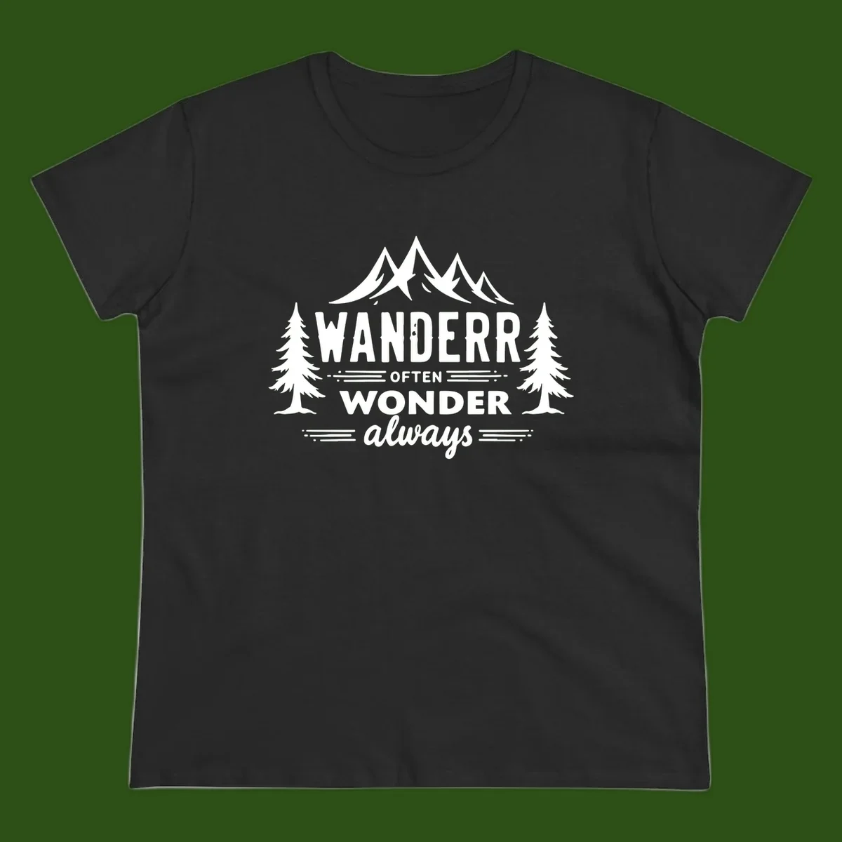 White illustration of snow-capped mountains and pine trees with text reading 'Wander Often Wonder Always' on gray background