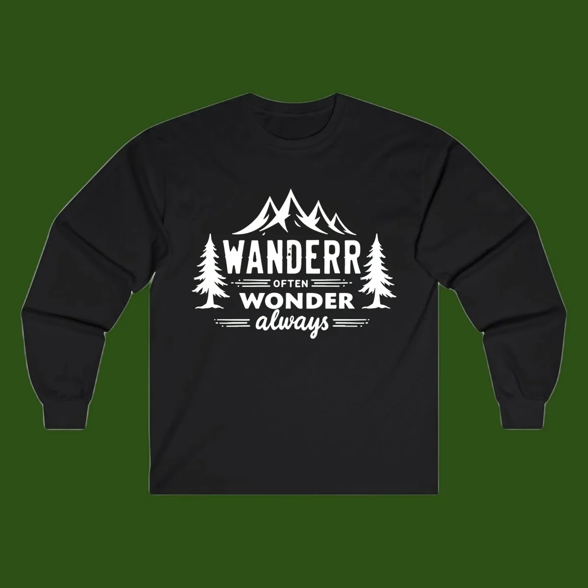 White illustration of snow-capped mountains and pine trees with text reading 'Wander Often Wonder Always' on gray background