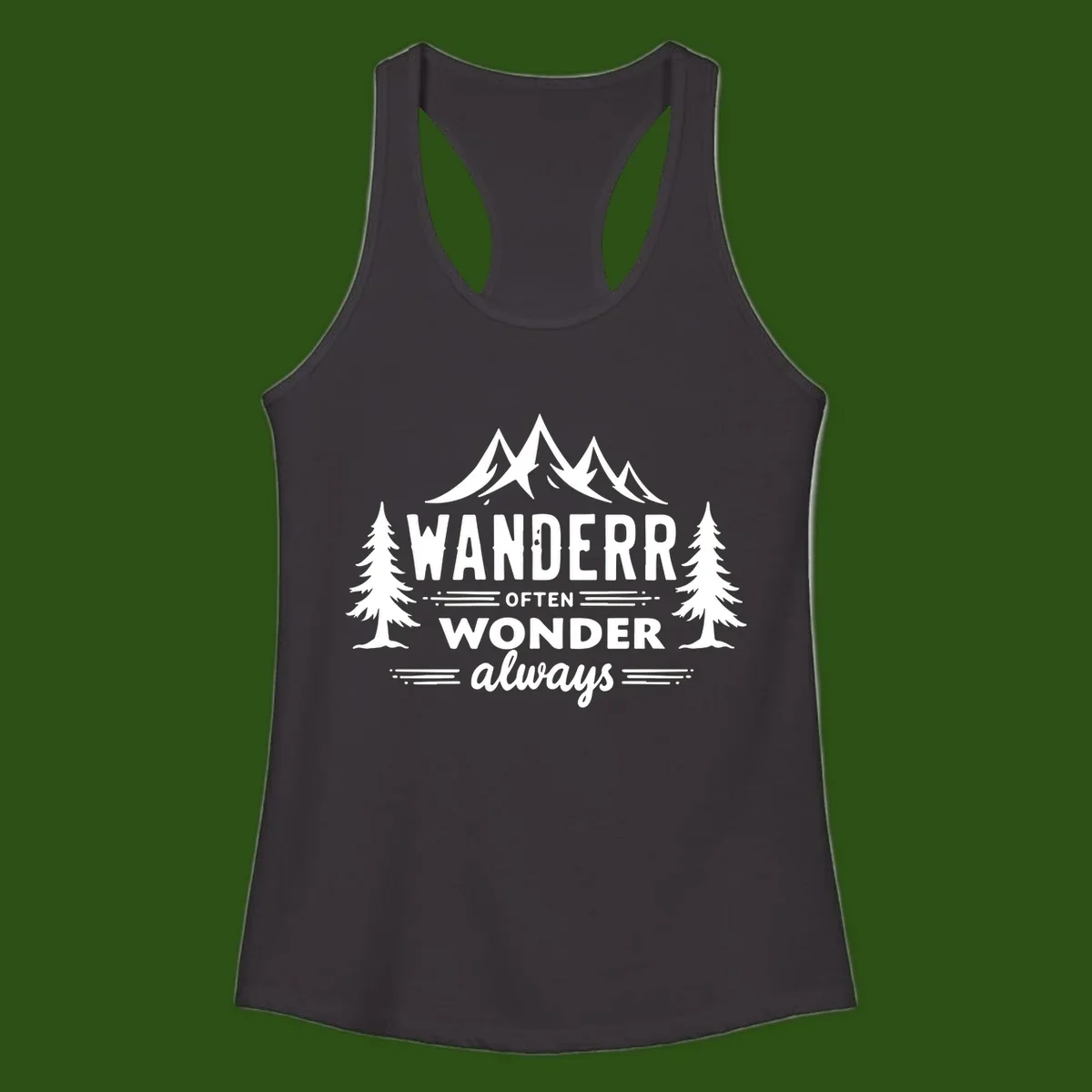 White illustration of snow-capped mountains and pine trees with text reading 'Wander Often Wonder Always' on gray background