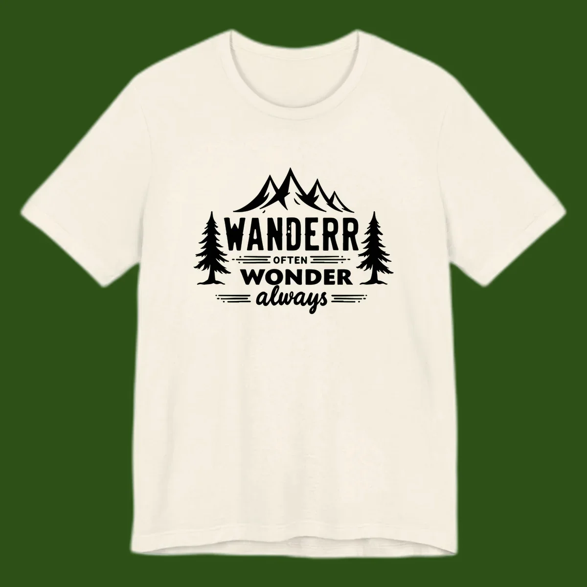White illustration of snow-capped mountains and pine trees with text reading 'Wander Often Wonder Always' on gray background