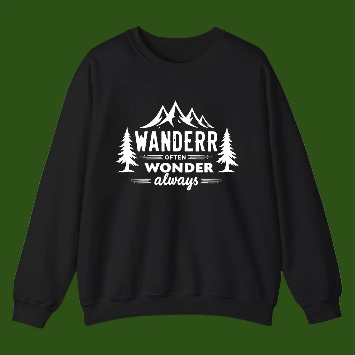 White illustration of snow-capped mountains and pine trees with text reading 'Wander Often Wonder Always' on gray background