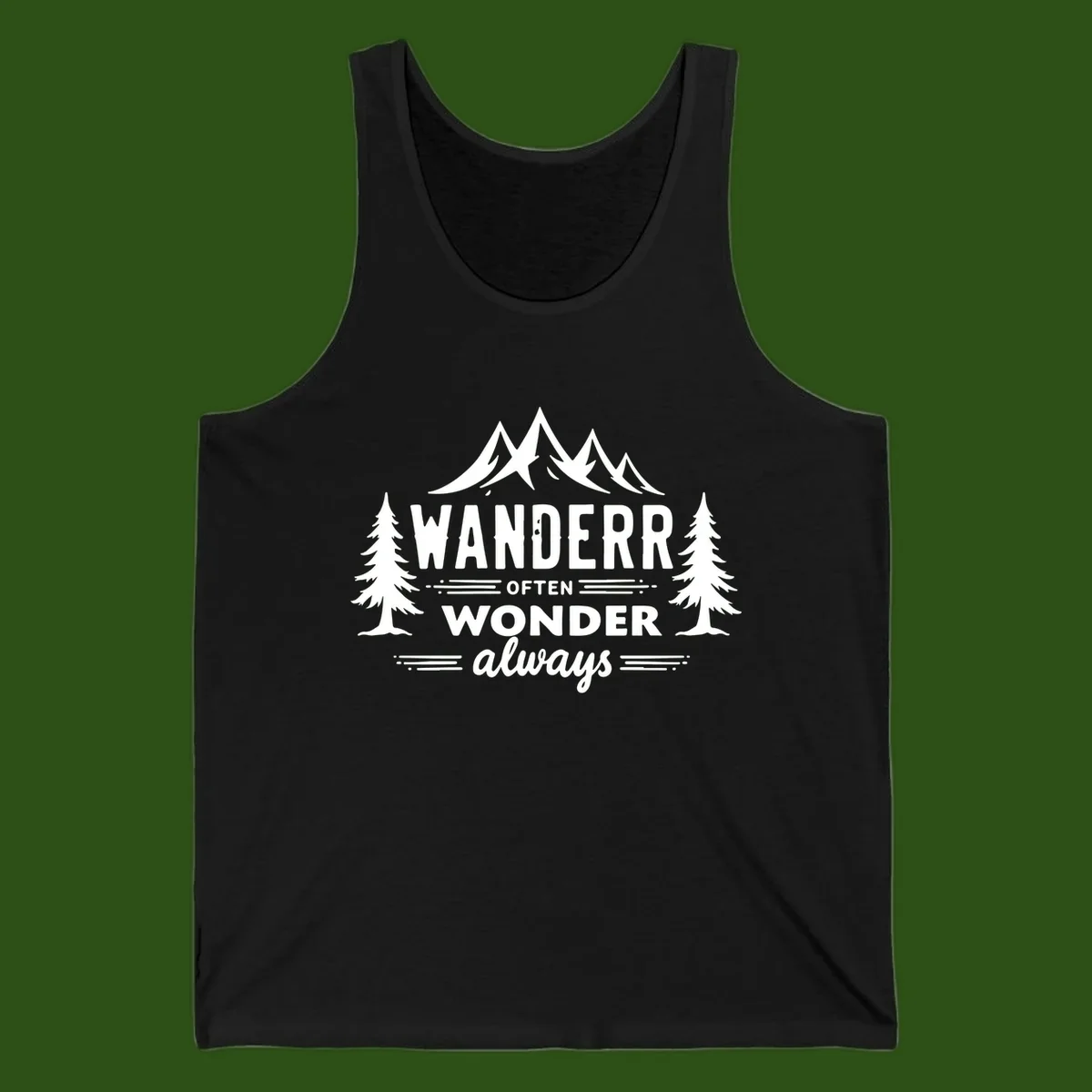 White illustration of snow-capped mountains and pine trees with text reading 'Wander Often Wonder Always' on gray background
