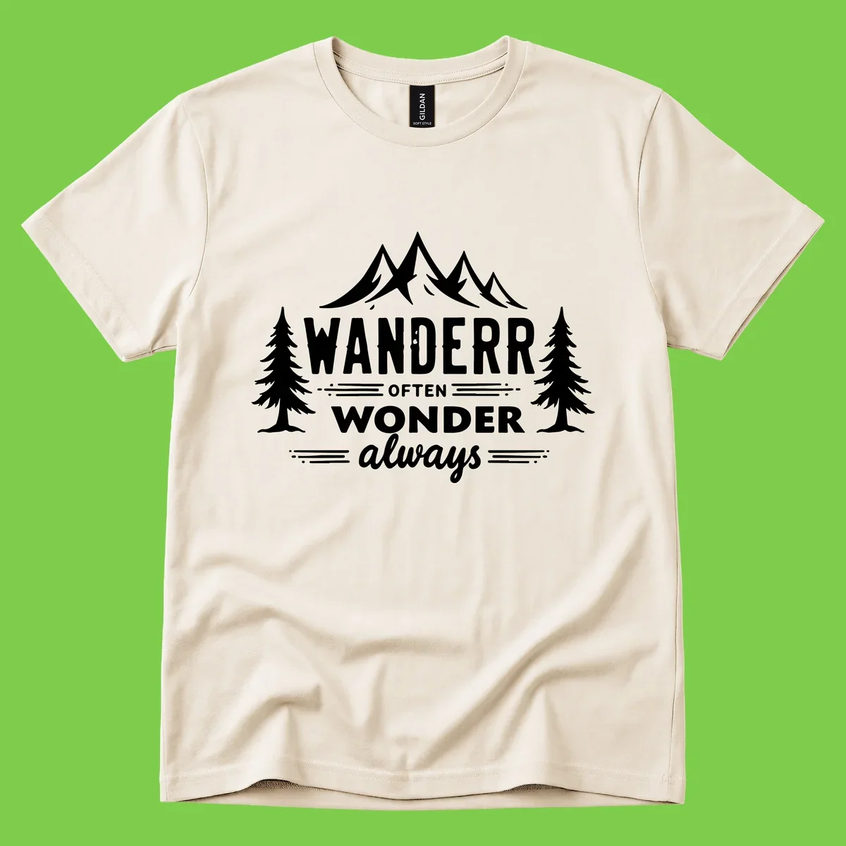 White illustration of snow-capped mountains and pine trees with text reading 'Wander Often Wonder Always' on gray background