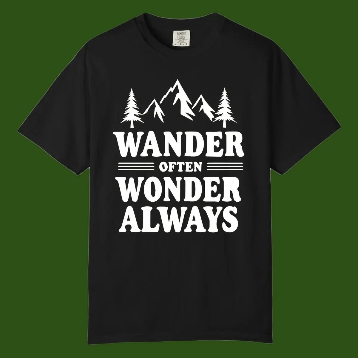 White mountain and evergreen tree illustration with 'Wander Often Wonder Always' text on gray background