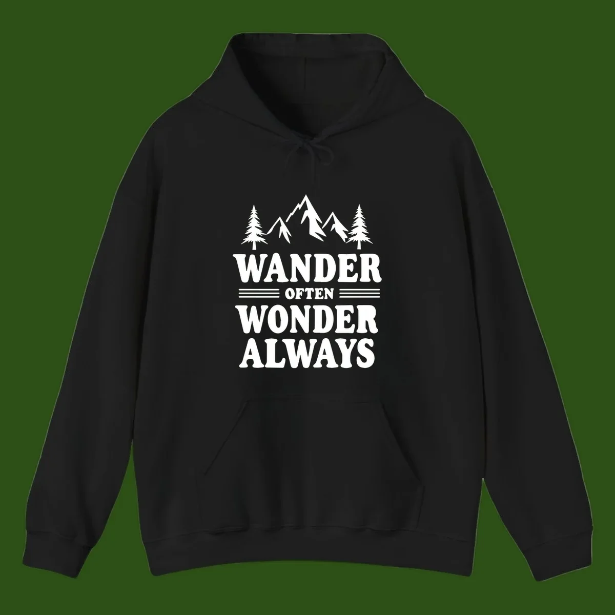 White mountain and evergreen tree illustration with 'Wander Often Wonder Always' text on gray background