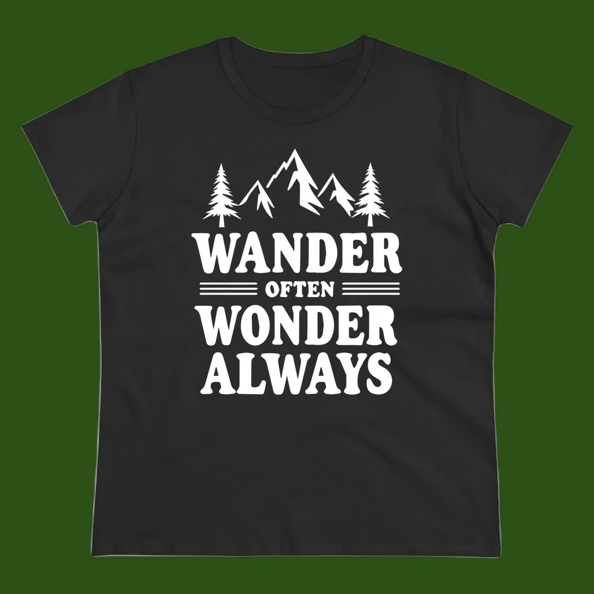 White mountain and evergreen tree illustration with 'Wander Often Wonder Always' text on gray background