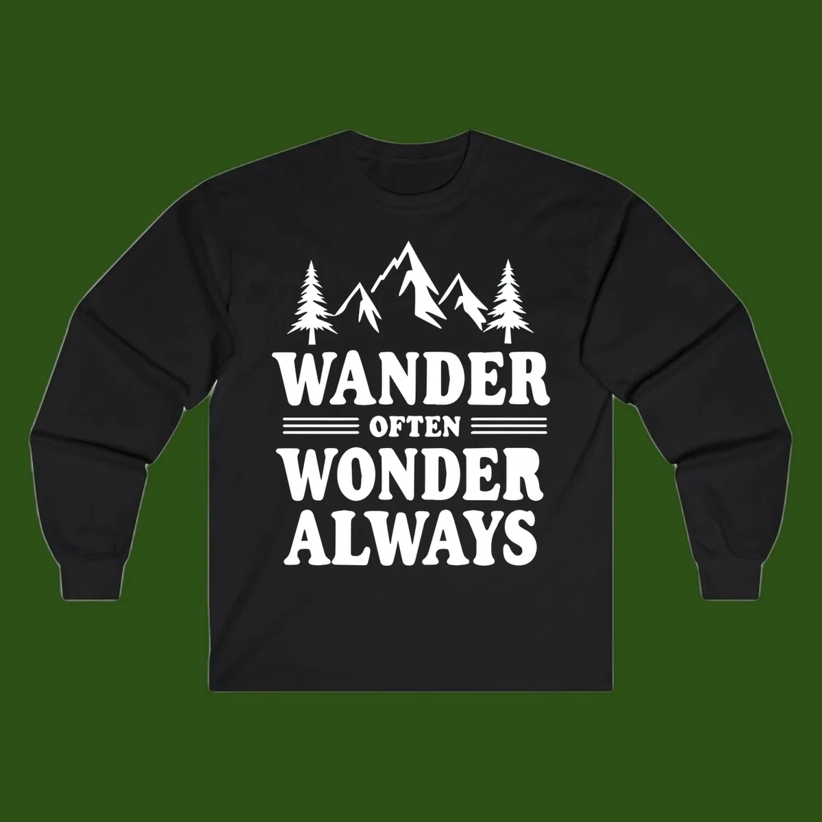 White mountain and evergreen tree illustration with 'Wander Often Wonder Always' text on gray background