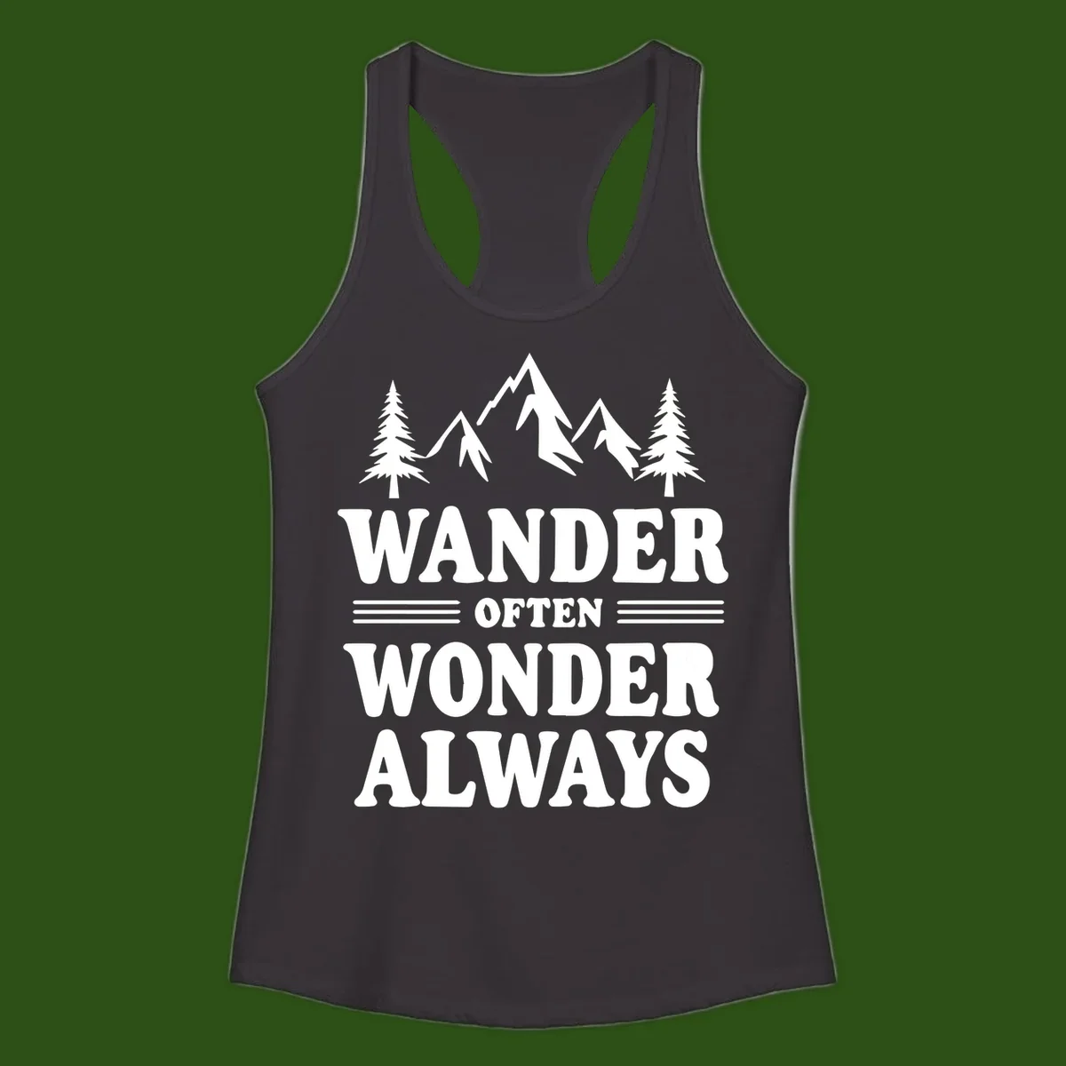 White mountain and evergreen tree illustration with 'Wander Often Wonder Always' text on gray background
