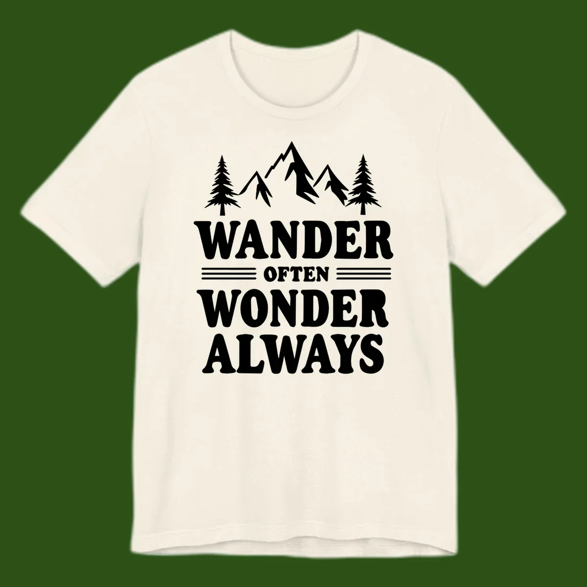 White mountain and evergreen tree illustration with 'Wander Often Wonder Always' text on gray background