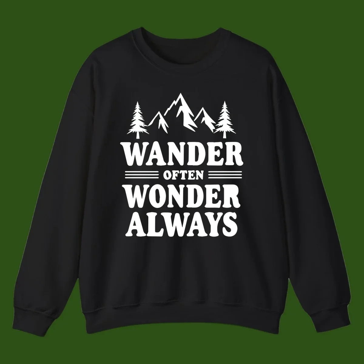 White mountain and evergreen tree illustration with 'Wander Often Wonder Always' text on gray background