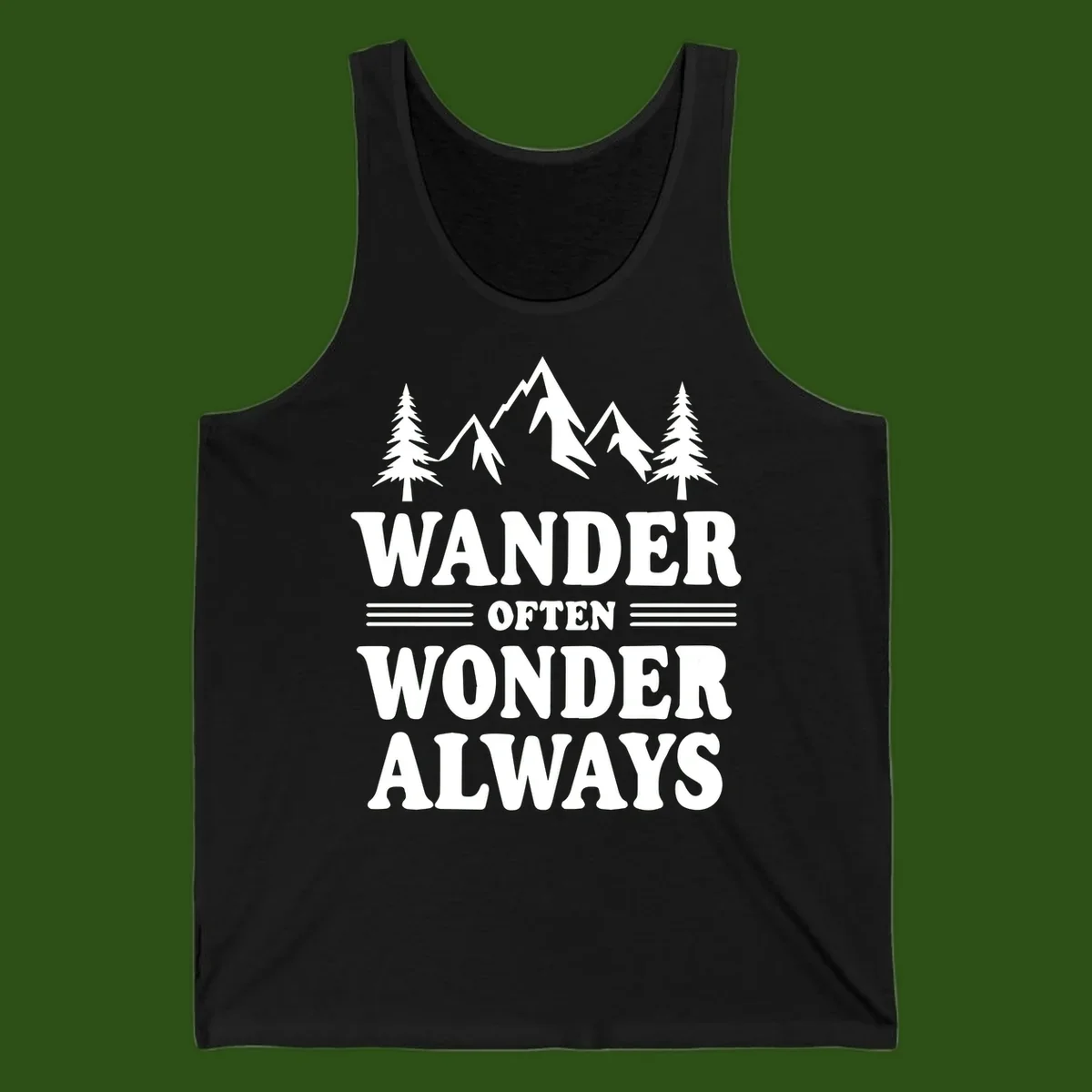 White mountain and evergreen tree illustration with 'Wander Often Wonder Always' text on gray background