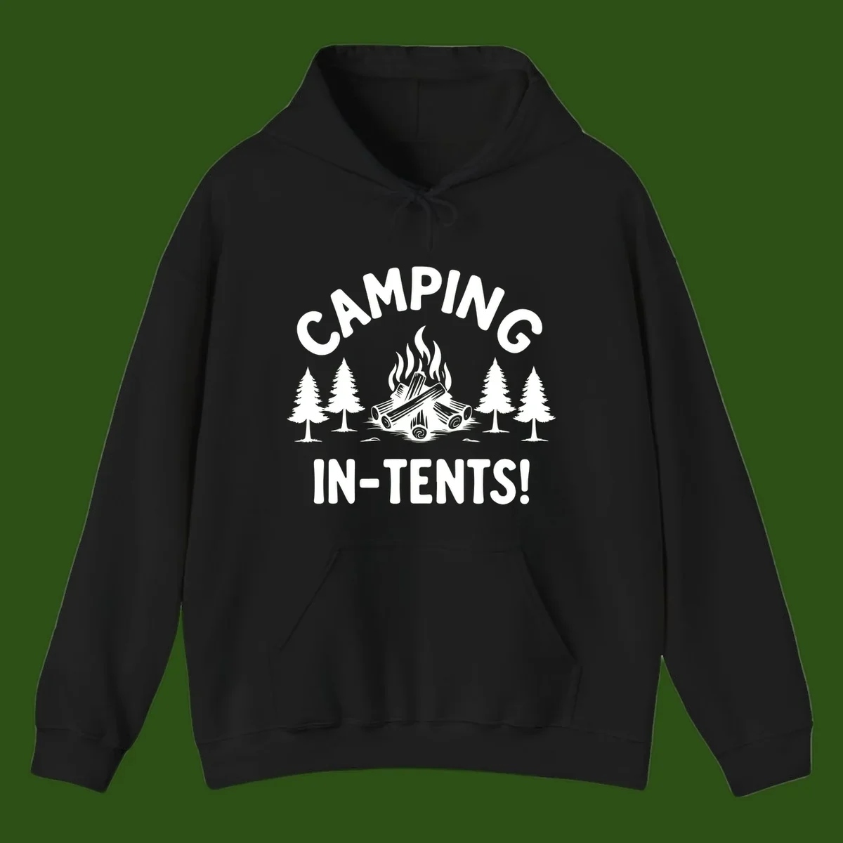 Camping in tents pun design with campfire, logs, and evergreen trees on gray background