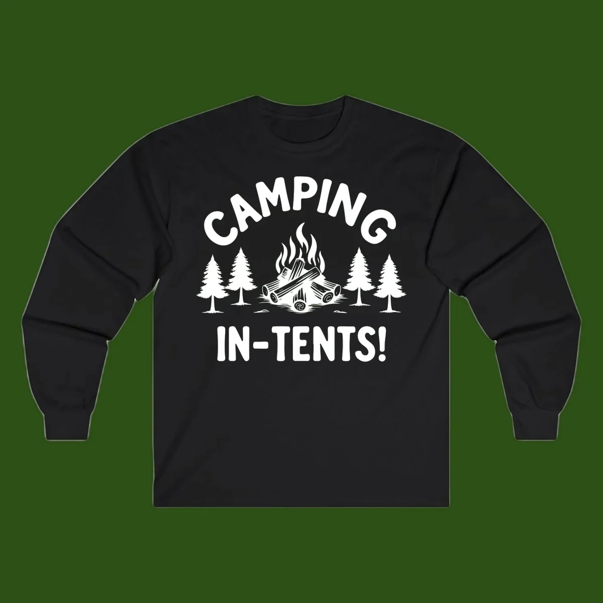 Camping in tents pun design with campfire, logs, and evergreen trees on gray background