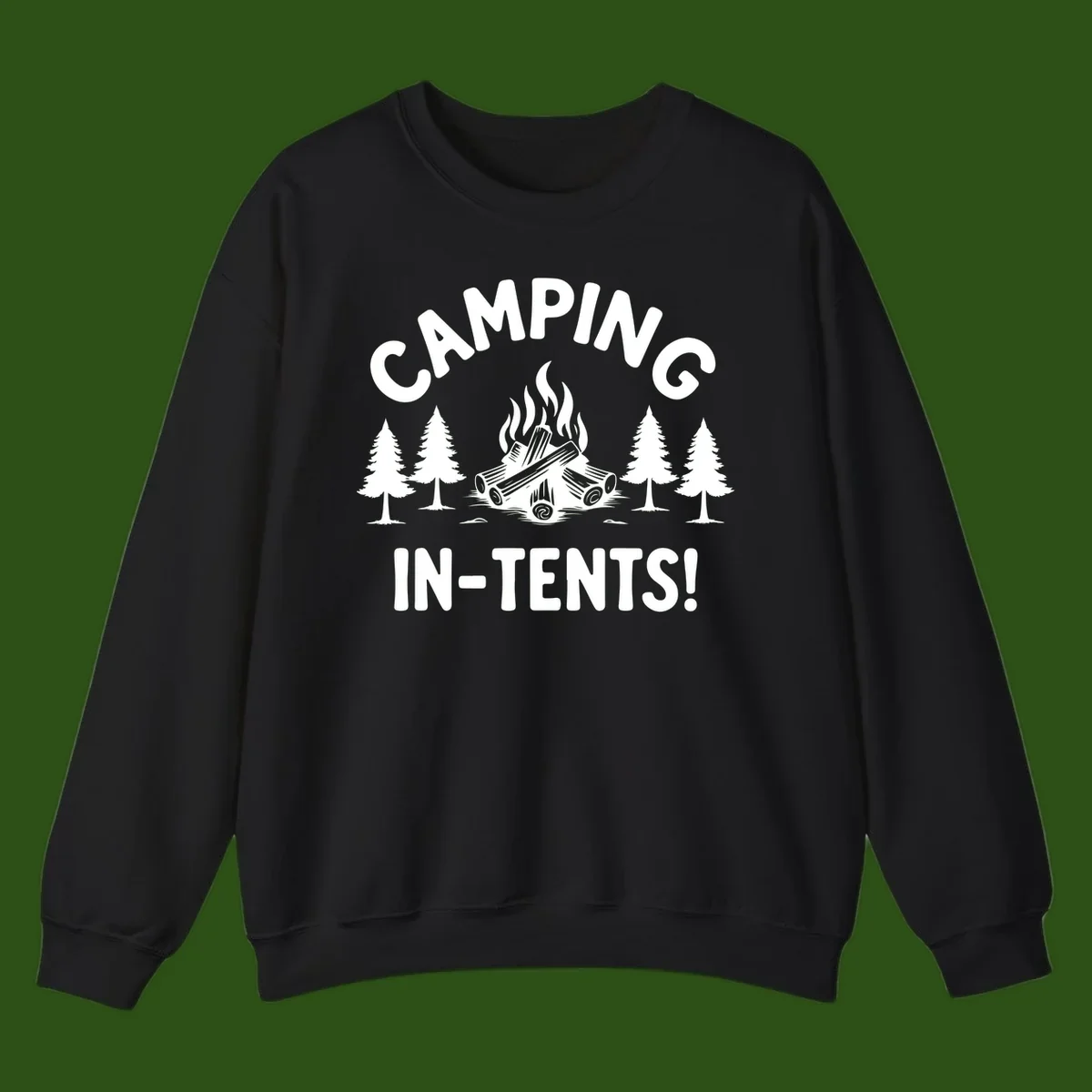 Camping in tents pun design with campfire, logs, and evergreen trees on gray background