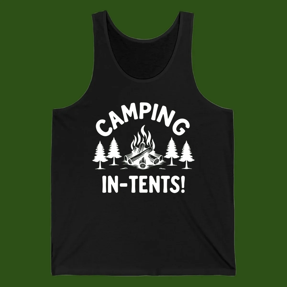 Camping in tents pun design with campfire, logs, and evergreen trees on gray background