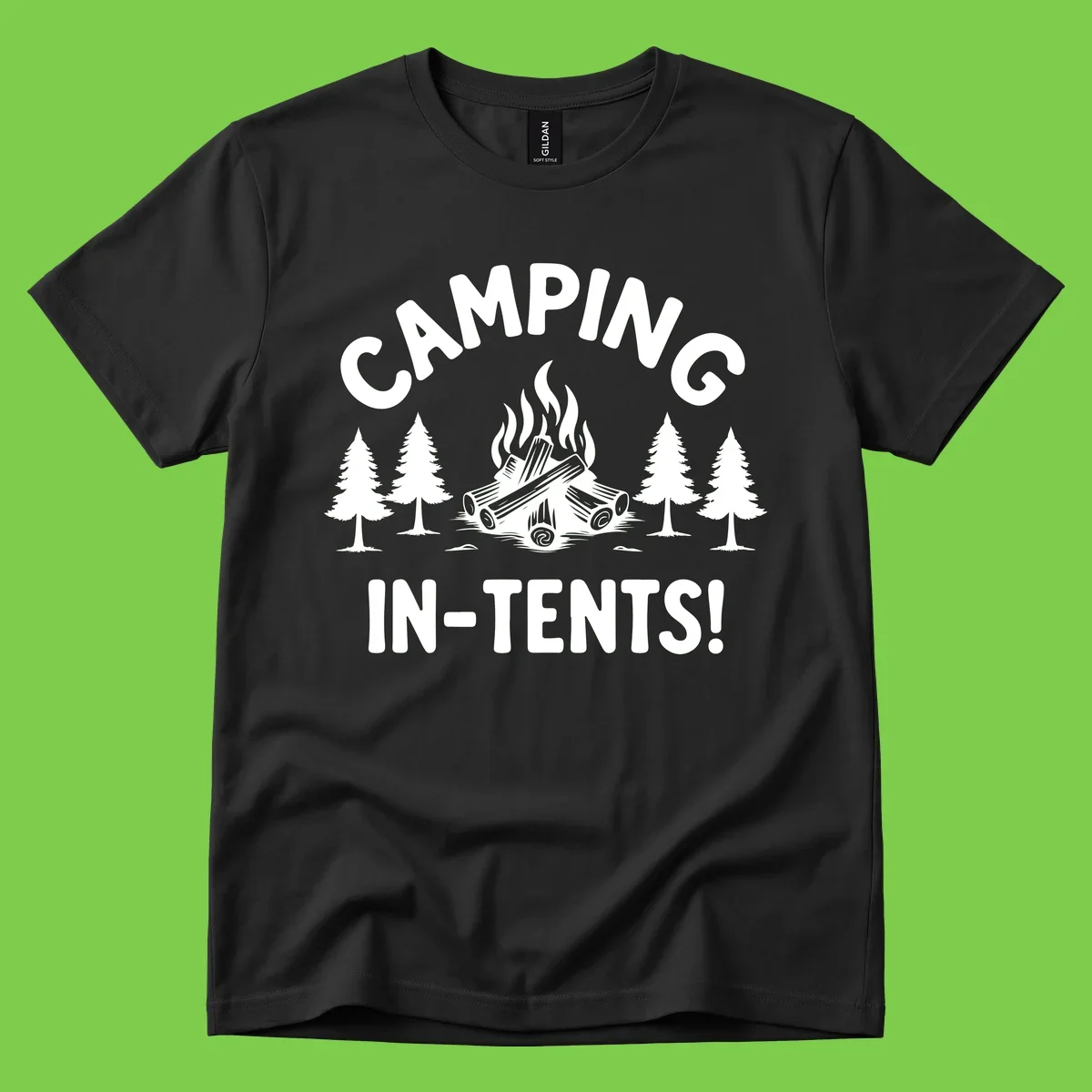 Camping in tents pun design with campfire, logs, and evergreen trees on gray background