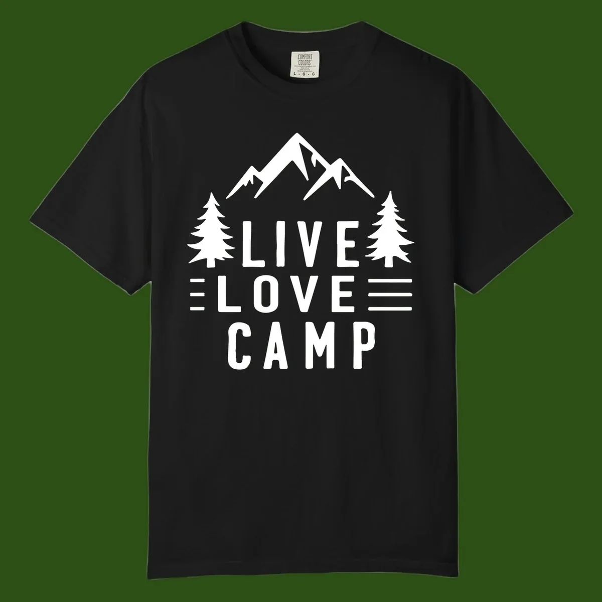 Live love camp design with snow-capped mountains, evergreen trees, and stacked text on gray background