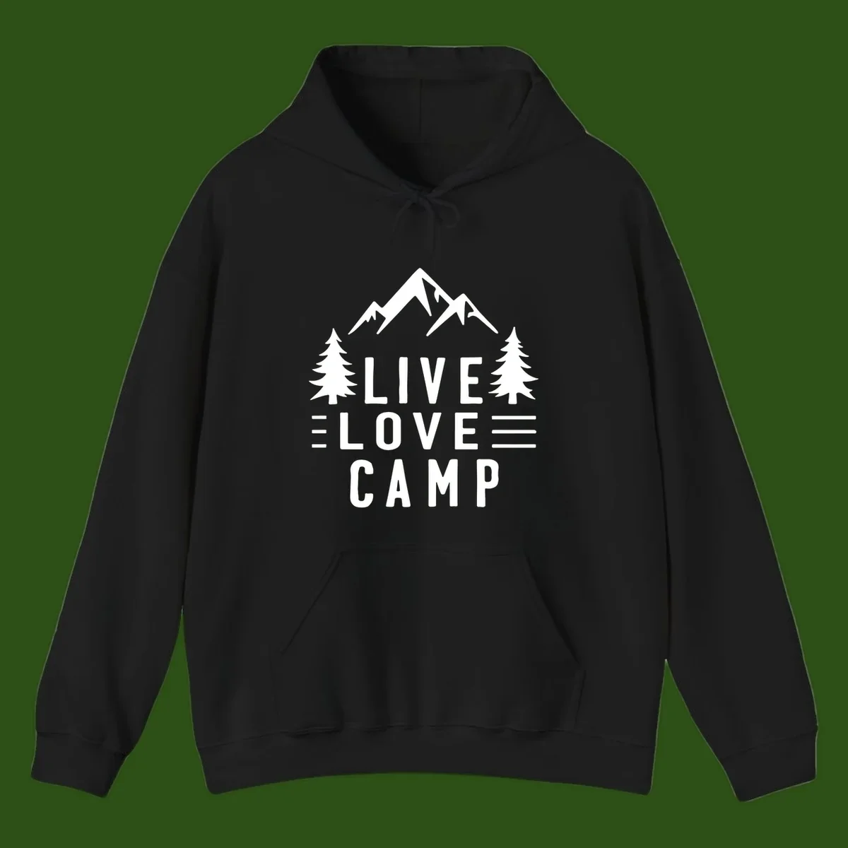 Live love camp design with snow-capped mountains, evergreen trees, and stacked text on gray background