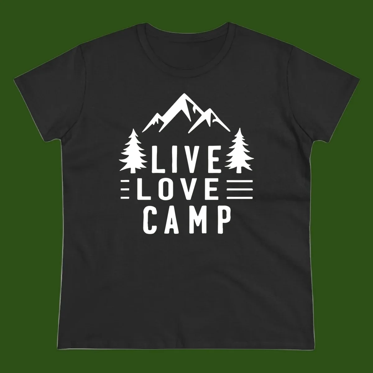 Live love camp design with snow-capped mountains, evergreen trees, and stacked text on gray background