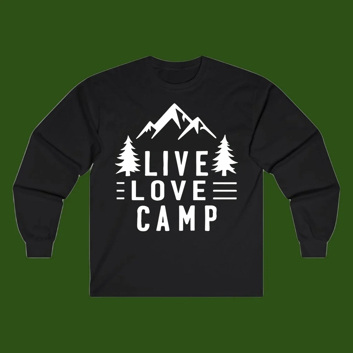 Live love camp design with snow-capped mountains, evergreen trees, and stacked text on gray background