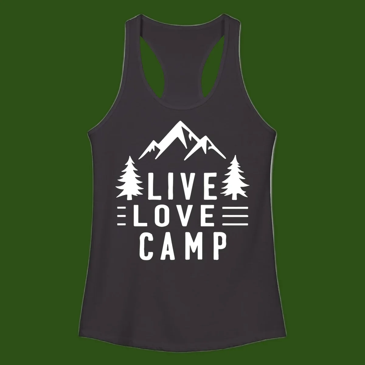 Live love camp design with snow-capped mountains, evergreen trees, and stacked text on gray background