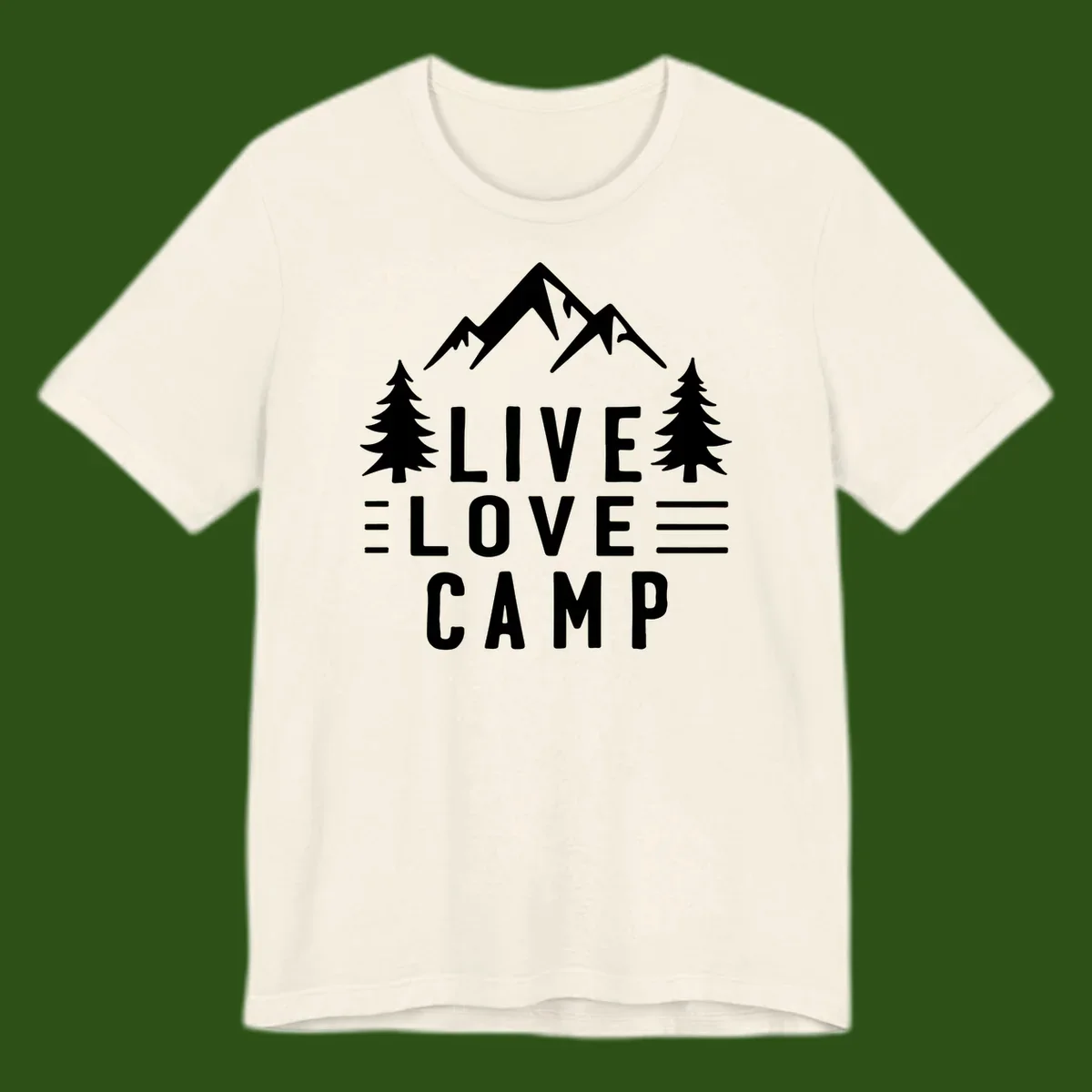 Live love camp design with snow-capped mountains, evergreen trees, and stacked text on gray background