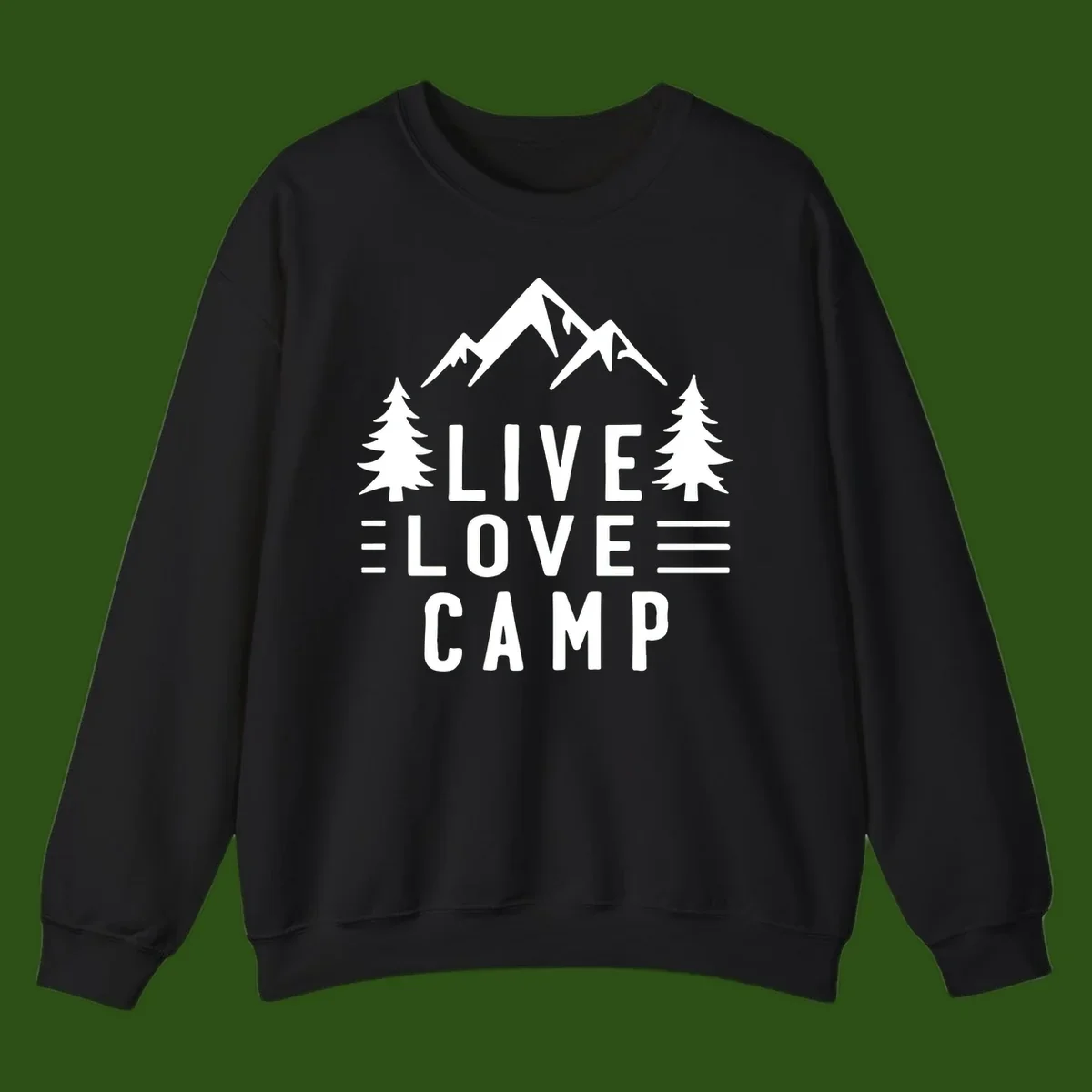 Live love camp design with snow-capped mountains, evergreen trees, and stacked text on gray background