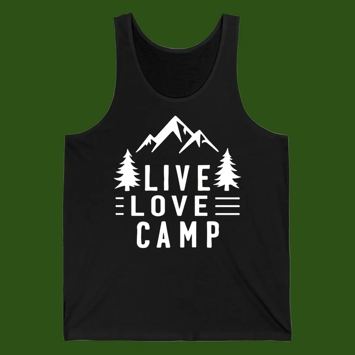 Live love camp design with snow-capped mountains, evergreen trees, and stacked text on gray background