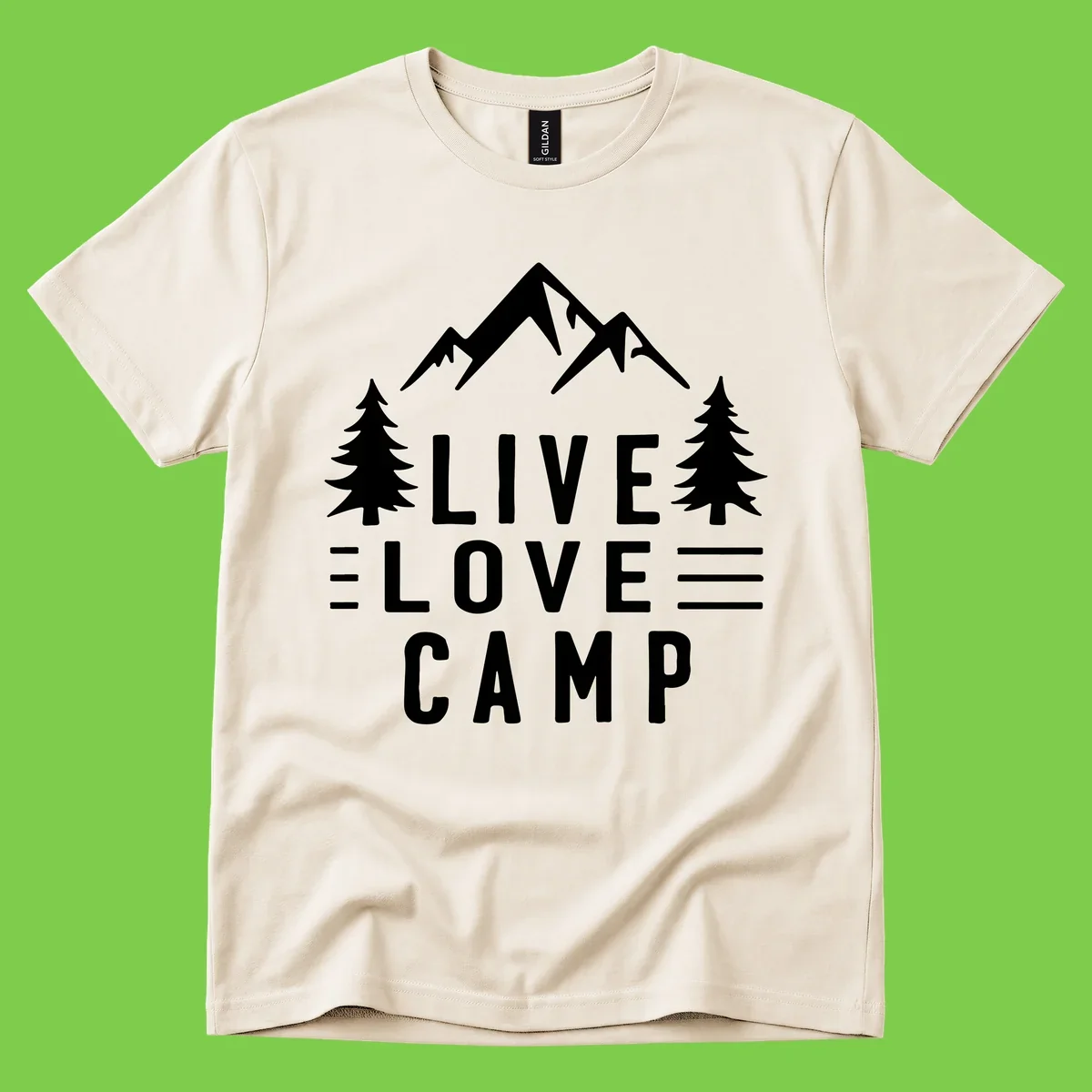 Live love camp design with snow-capped mountains, evergreen trees, and stacked text on gray background